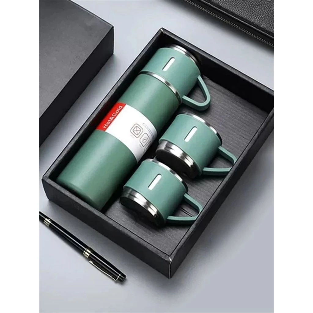 Caneca Kit Garrafa Térmica Vacuum Bottle Inox 500ml + 3 Xícaras Bebidas Fria ou Quente - Imagem 2