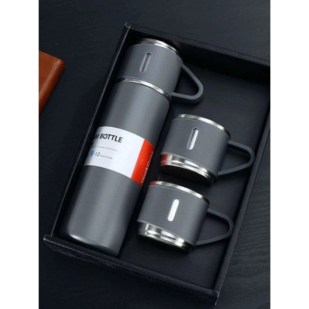 Caneca Kit Garrafa Térmica Vacuum Bottle Inox 500ml + 3 Xícaras Bebidas Fria ou Quente - Imagem 4